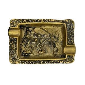 Unbranded Brass Ashtray Embossed Dancers Temple Scroll Border Vintage Tobacciana